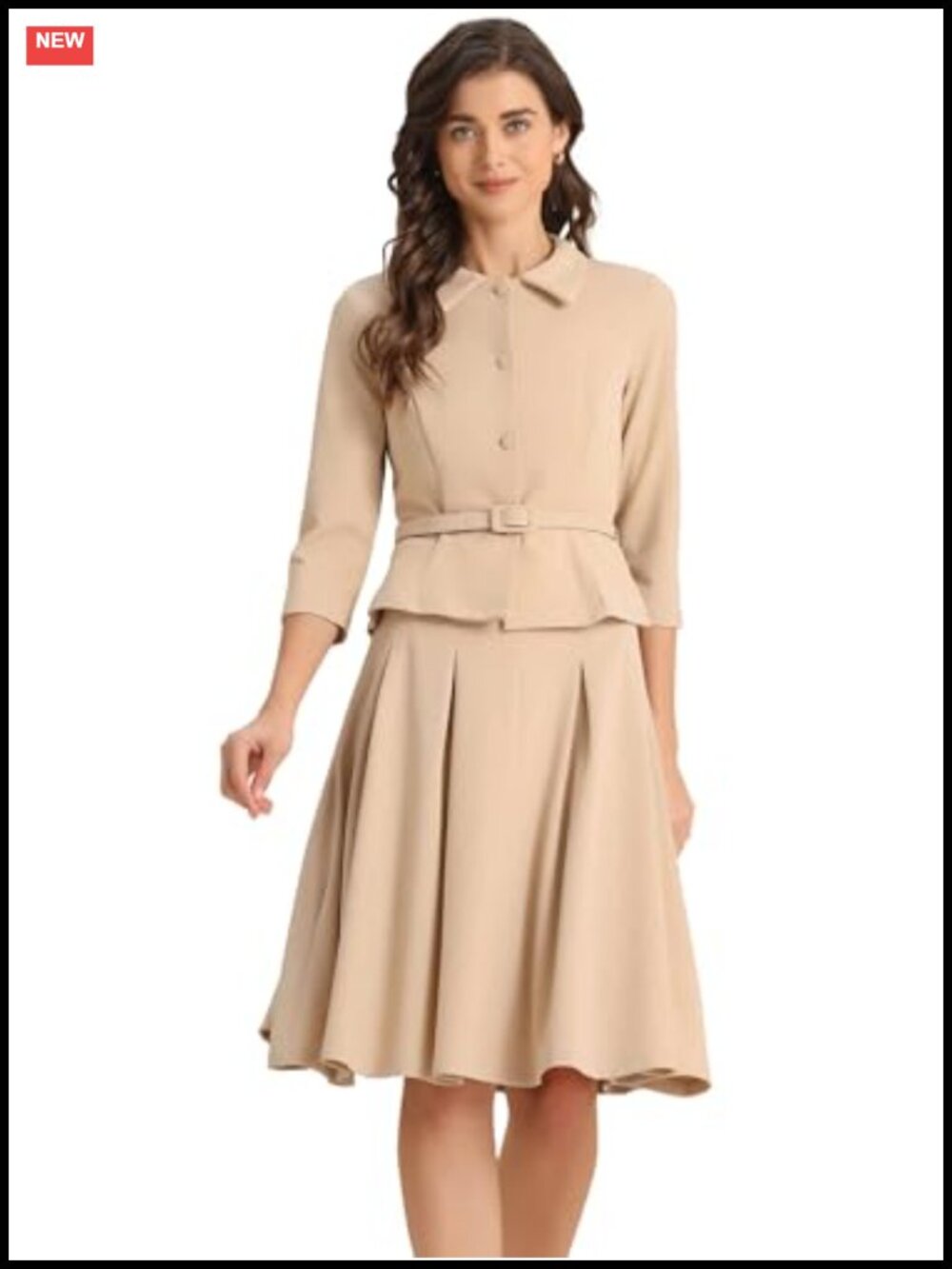 Women's 2 Piece Pleated Skirt Suit Set 3/4 Sleeve Blazer Office Business
